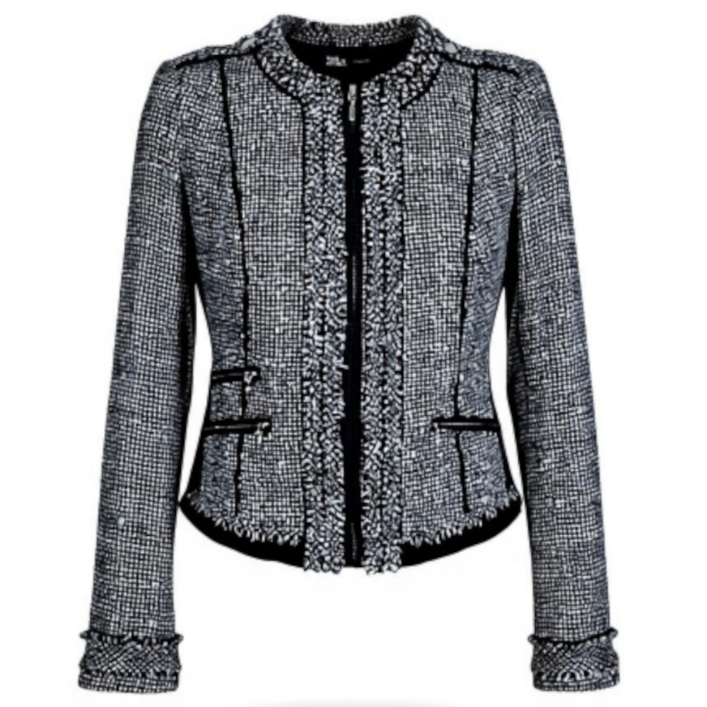 WHBM Tweed Blazer 8 Black Fringe Trim Epaulet Shoulders Front Zip 3 Zip Pockets